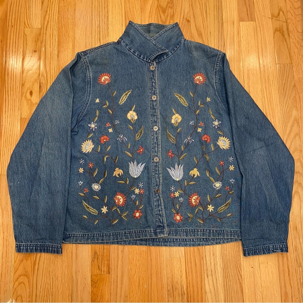 Denim  Embroidered Flowers Jean Jacket Long Sleeve Button Up